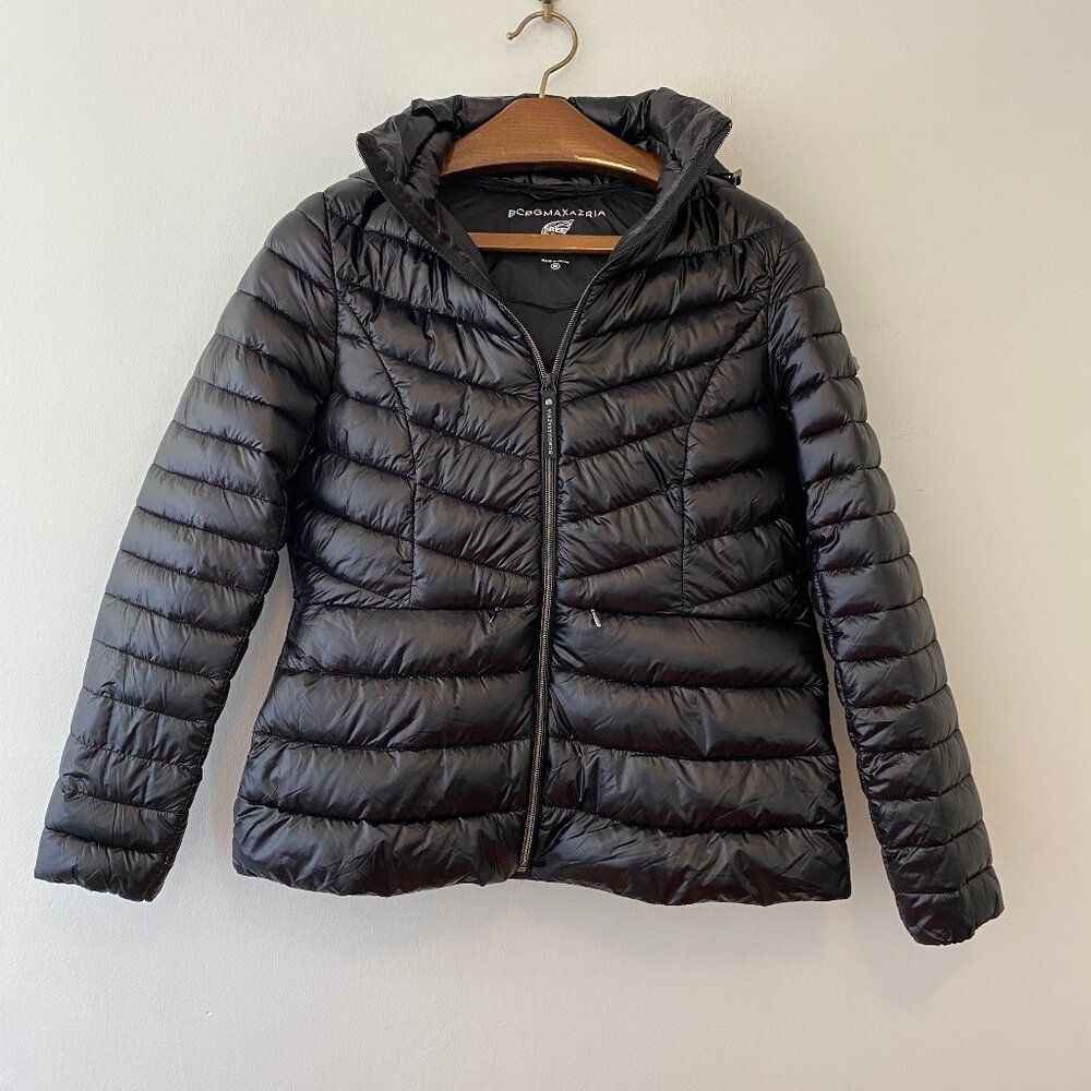 BCBG Maxazria Black Full Zip Puffer Coat Jacket Womens Medium Hood Feather Free